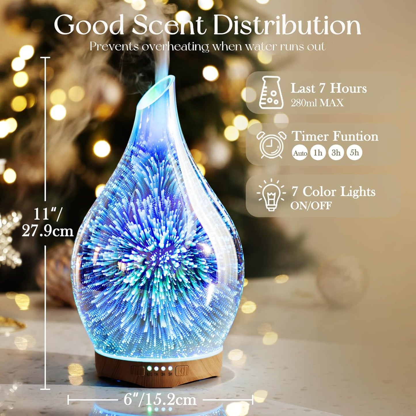 Essential Oil Diffuser 280ml Handmade Glass Diffuser 7H Runtime