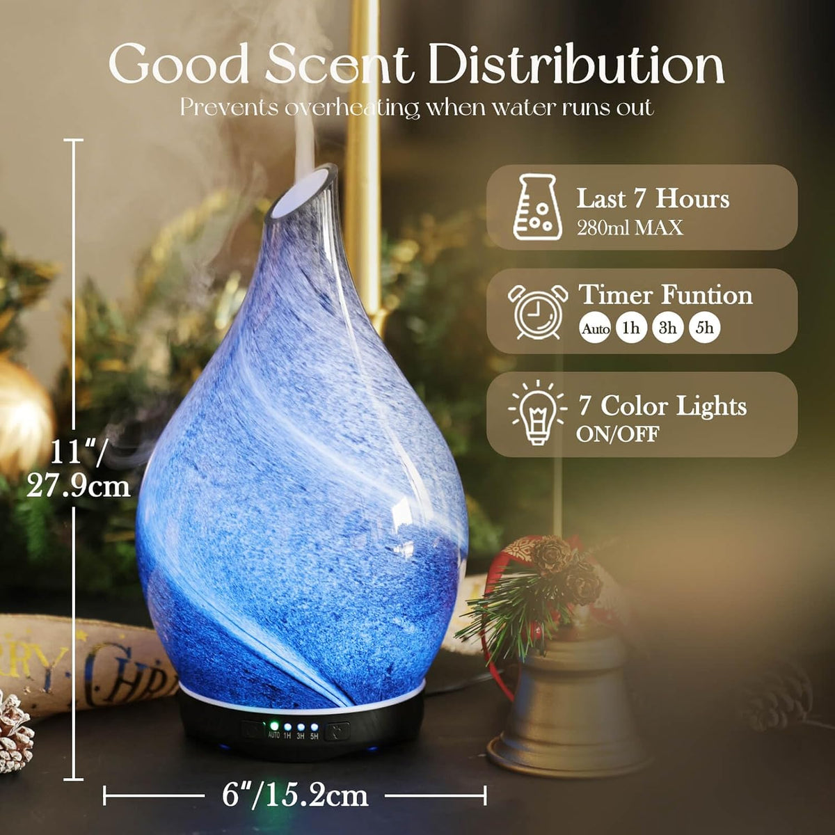 Essential Oil Diffuser 280ml Handmade Glass Diffuser 7H Runtime