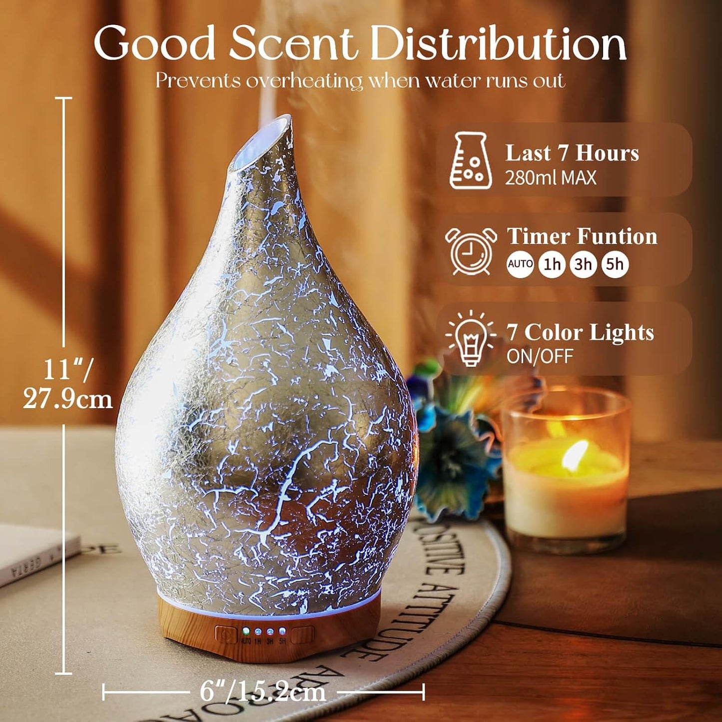 Essential Oil Diffuser 280ml Handmade Glass Diffuser 7H Runtime