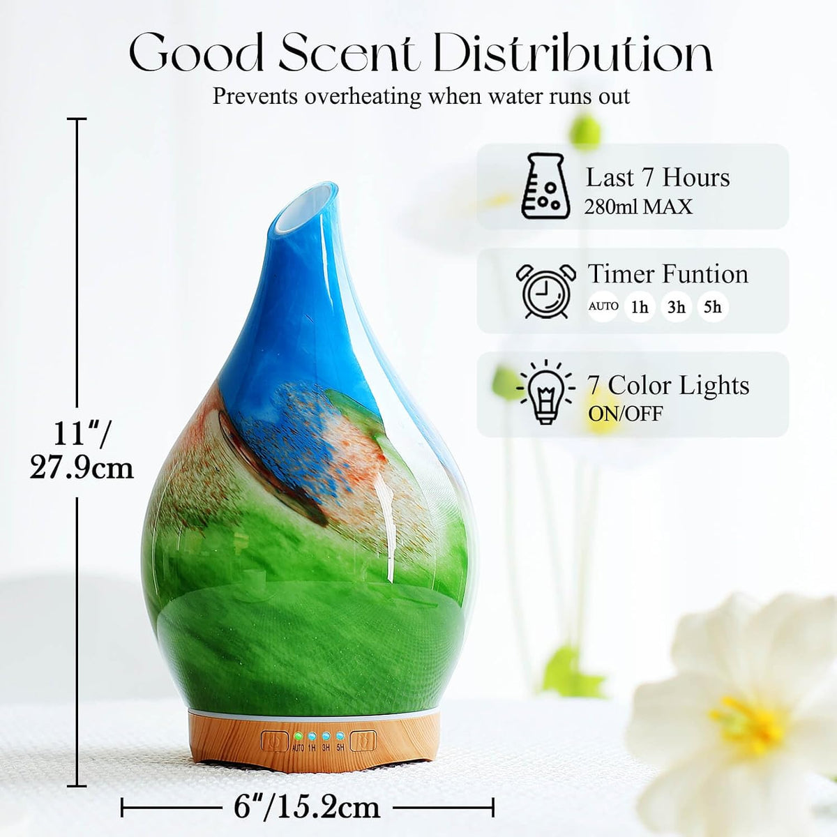 Essential Oil Diffuser 280ml Handmade Glass Diffuser 7H Runtime
