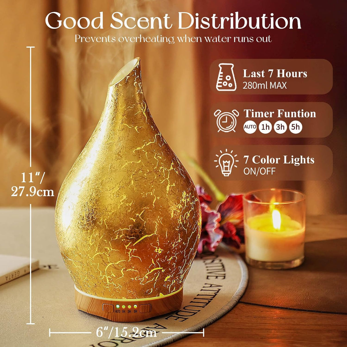 Essential Oil Diffuser 280ml Handmade Glass Diffuser 7H Runtime