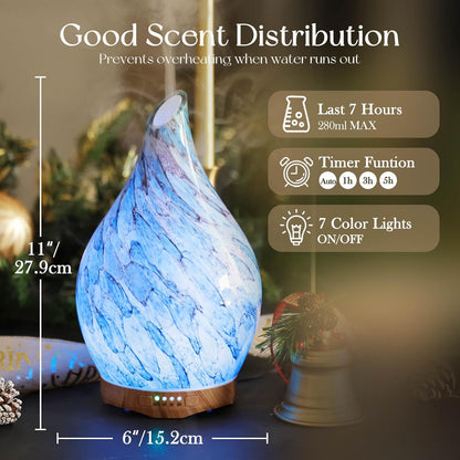 Essential Oil Diffuser 280ml Handmade Glass Diffuser 7H Runtime