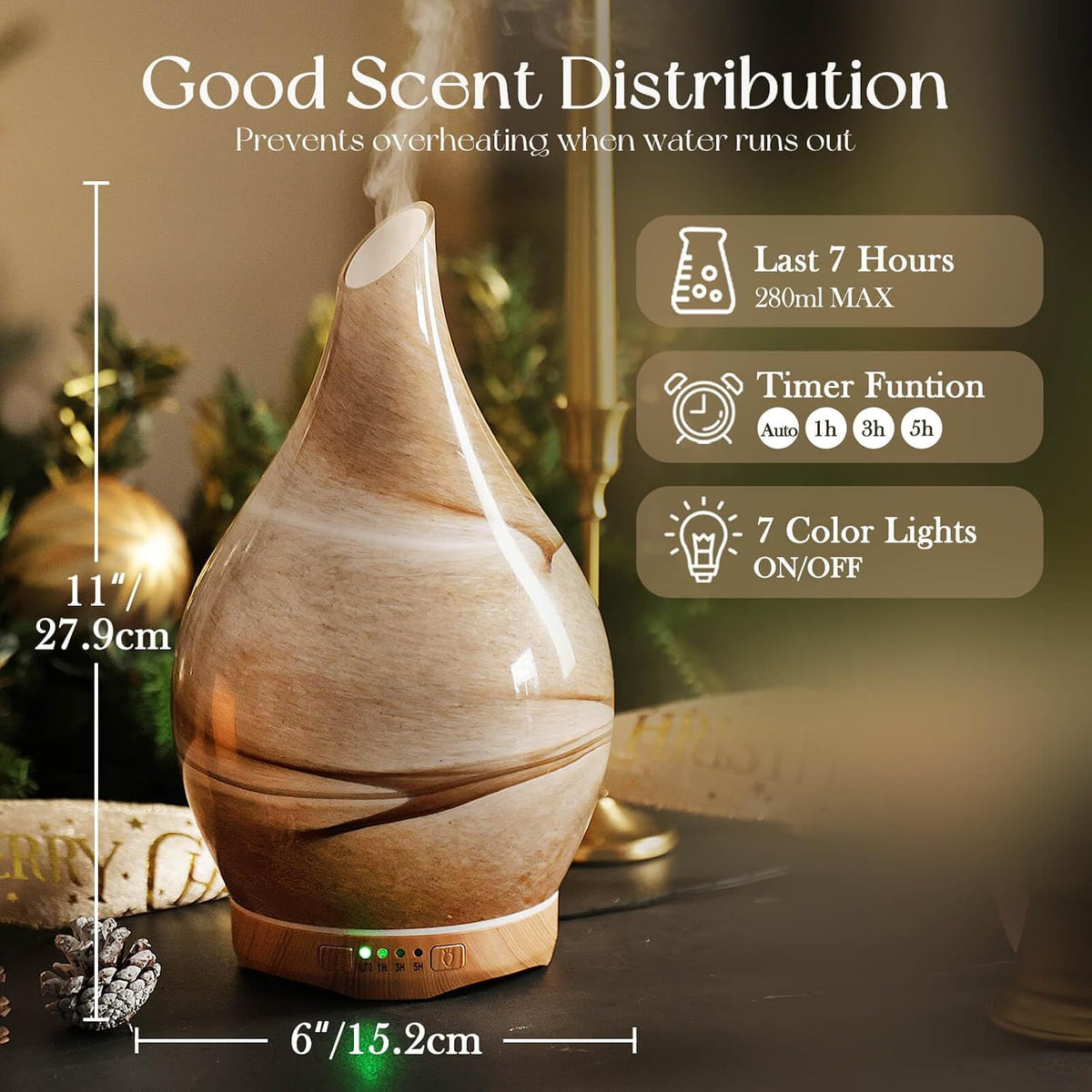 Essential Oil Diffuser 280ml Handmade Glass Diffuser 7H Runtime