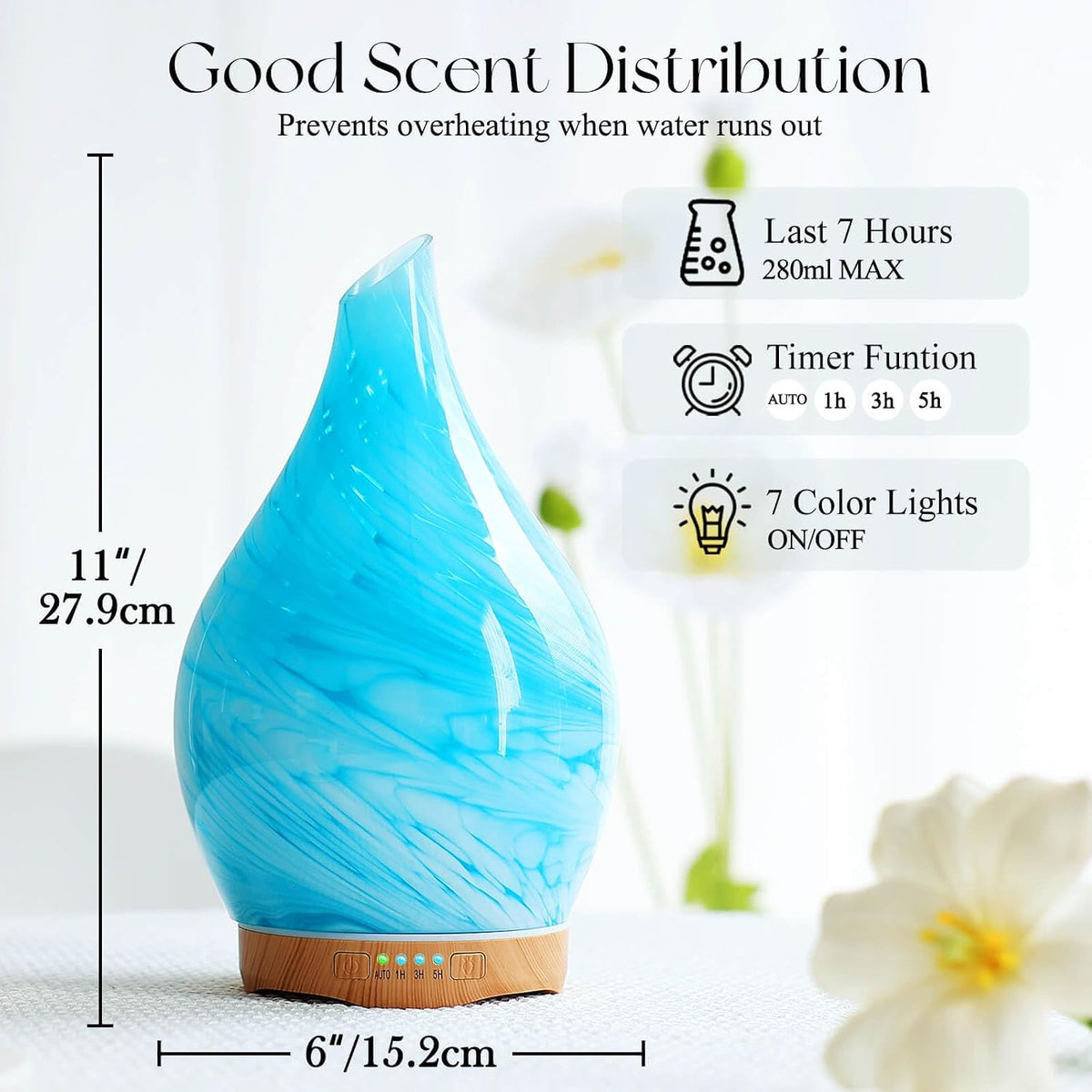 Essential Oil Diffuser 280ml Handmade Glass Diffuser 7H Runtime