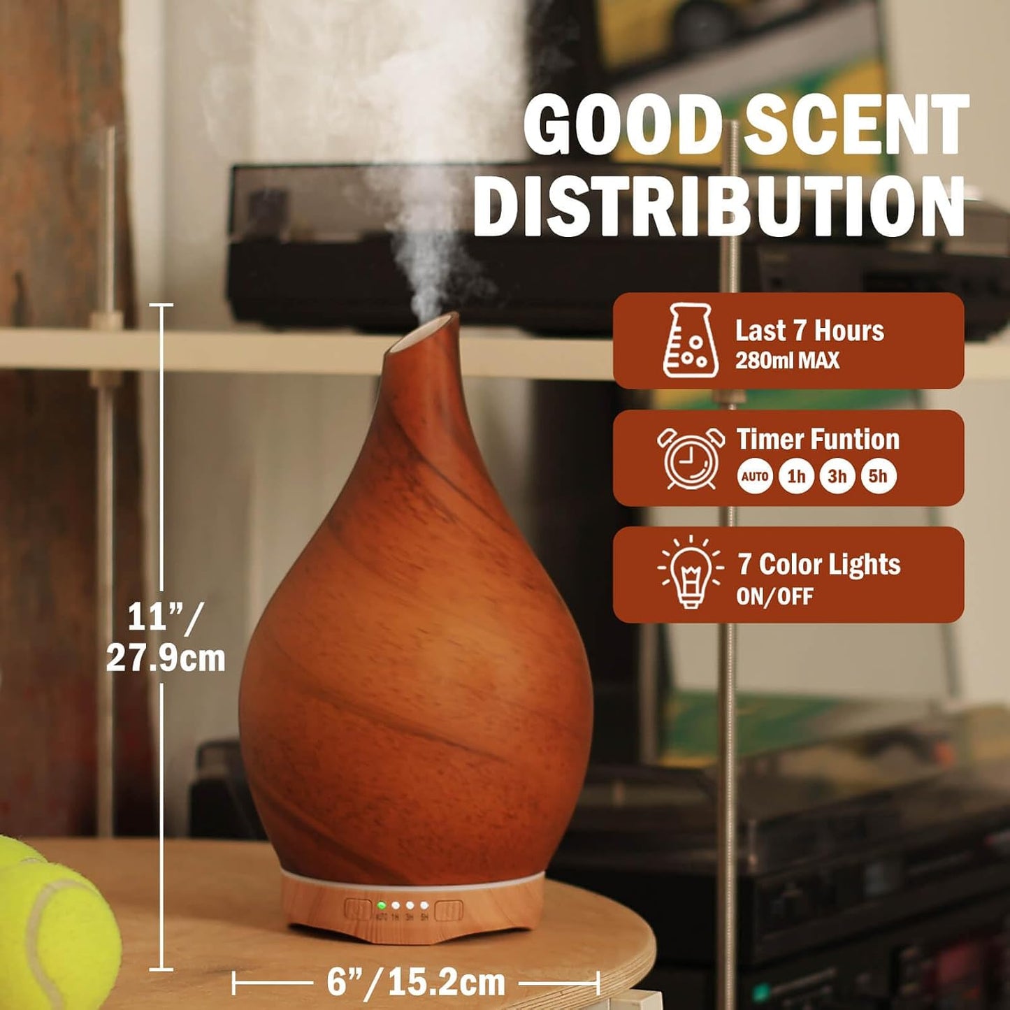 Essential Oil Diffuser 280ml Handmade Glass Diffuser 7H Runtime