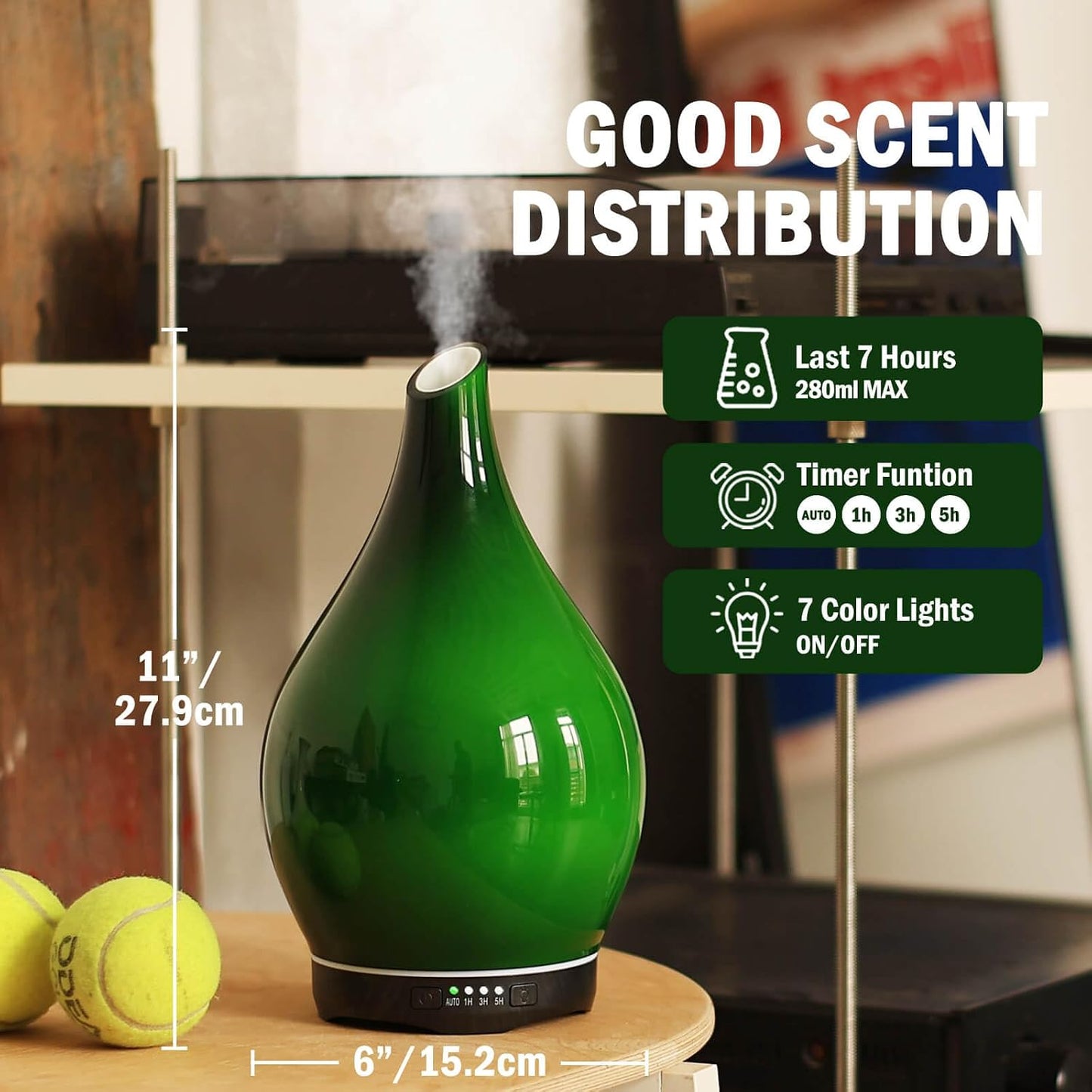 Essential Oil Diffuser 280ml Handmade Glass Diffuser 7H Runtime