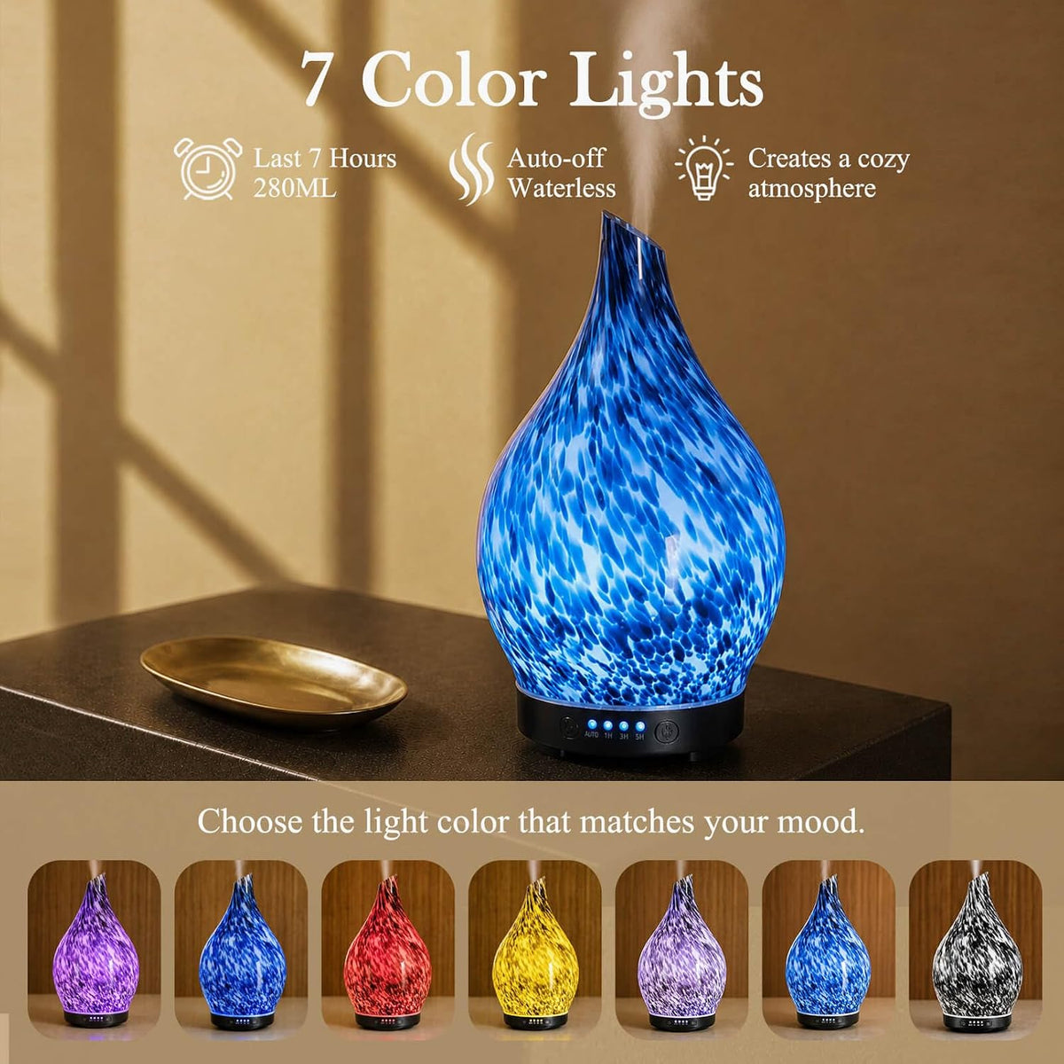 Essential Oil Diffuser 280ml Handmade Glass Diffuser 7H Runtime