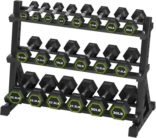 HANDBODE Rubber Coated Hex Dumbbell Set with Rack, 300-840 lb | Fixed Weights Sets with Heavy Duty Storage Stand, Multiple Weight Options Home Gym Equipment for Strength Training