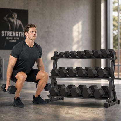 HANDBODE Rubber Coated Hex Dumbbell Set with Rack, 300-840 lb | Fixed Weights Sets with Heavy Duty Storage Stand, Multiple Weight Options Home Gym Equipment for Strength Training