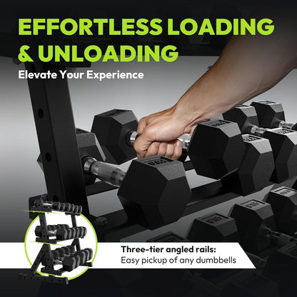 HANDBODE Rubber Coated Hex Dumbbell Set with Rack, 300-840 lb | Fixed Weights Sets with Heavy Duty Storage Stand, Multiple Weight Options Home Gym Equipment for Strength Training