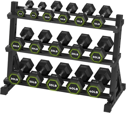 HANDBODE Rubber Coated Hex Dumbbell Set with Rack, 300-840 lb | Fixed Weights Sets with Heavy Duty Storage Stand, Multiple Weight Options Home Gym Equipment for Strength Training