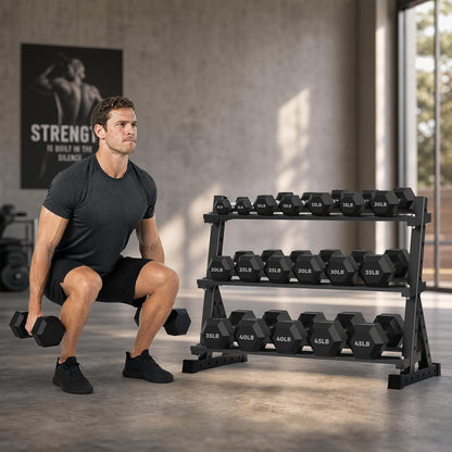 HANDBODE Rubber Coated Hex Dumbbell Set with Rack, 300-840 lb | Fixed Weights Sets with Heavy Duty Storage Stand, Multiple Weight Options Home Gym Equipment for Strength Training