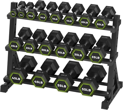 HANDBODE Rubber Coated Hex Dumbbell Set with Rack, 300-840 lb | Fixed Weights Sets with Heavy Duty Storage Stand, Multiple Weight Options Home Gym Equipment for Strength Training