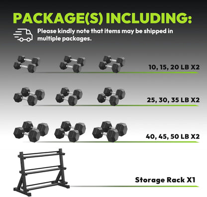 HANDBODE Rubber Coated Hex Dumbbell Set with Rack, 300-840 lb | Fixed Weights Sets with Heavy Duty Storage Stand, Multiple Weight Options Home Gym Equipment for Strength Training