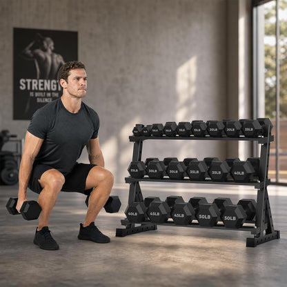 HANDBODE Rubber Coated Hex Dumbbell Set with Rack, 300-840 lb | Fixed Weights Sets with Heavy Duty Storage Stand, Multiple Weight Options Home Gym Equipment for Strength Training