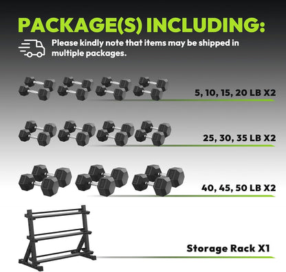HANDBODE Rubber Coated Hex Dumbbell Set with Rack, 300-840 lb | Fixed Weights Sets with Heavy Duty Storage Stand, Multiple Weight Options Home Gym Equipment for Strength Training