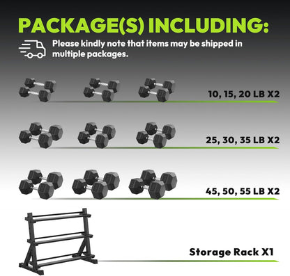 HANDBODE Rubber Coated Hex Dumbbell Set with Rack, 300-840 lb | Fixed Weights Sets with Heavy Duty Storage Stand, Multiple Weight Options Home Gym Equipment for Strength Training