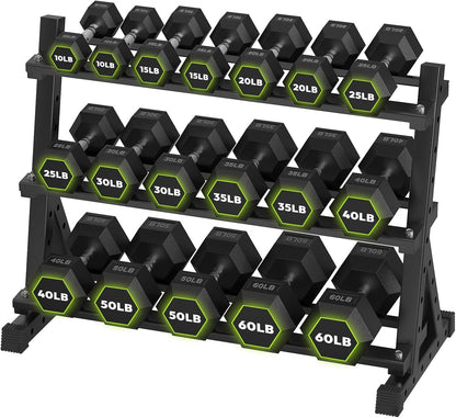 HANDBODE Rubber Coated Hex Dumbbell Set with Rack, 300-840 lb | Fixed Weights Sets with Heavy Duty Storage Stand, Multiple Weight Options Home Gym Equipment for Strength Training