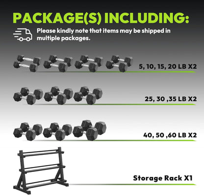HANDBODE Rubber Coated Hex Dumbbell Set with Rack, 300-840 lb | Fixed Weights Sets with Heavy Duty Storage Stand, Multiple Weight Options Home Gym Equipment for Strength Training