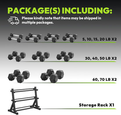 HANDBODE Rubber Coated Hex Dumbbell Set with Rack, 300-840 lb | Fixed Weights Sets with Heavy Duty Storage Stand, Multiple Weight Options Home Gym Equipment for Strength Training