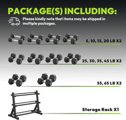 HANDBODE Rubber Coated Hex Dumbbell Set with Rack, 300-840 lb | Fixed Weights Sets with Heavy Duty Storage Stand, Multiple Weight Options Home Gym Equipment for Strength Training