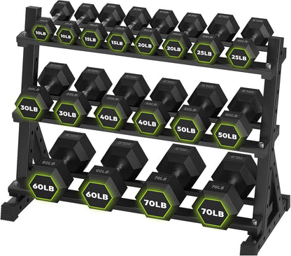 HANDBODE Rubber Coated Hex Dumbbell Set with Rack, 300-840 lb | Fixed Weights Sets with Heavy Duty Storage Stand, Multiple Weight Options Home Gym Equipment for Strength Training