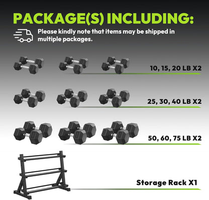 HANDBODE Rubber Coated Hex Dumbbell Set with Rack, 300-840 lb | Fixed Weights Sets with Heavy Duty Storage Stand, Multiple Weight Options Home Gym Equipment for Strength Training