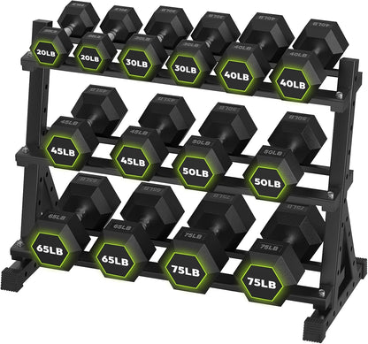 HANDBODE Rubber Coated Hex Dumbbell Set with Rack, 300-840 lb | Fixed Weights Sets with Heavy Duty Storage Stand, Multiple Weight Options Home Gym Equipment for Strength Training