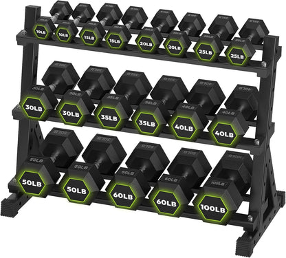 HANDBODE Rubber Coated Hex Dumbbell Set with Rack, 300-840 lb | Fixed Weights Sets with Heavy Duty Storage Stand, Multiple Weight Options Home Gym Equipment for Strength Training