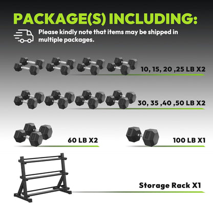 HANDBODE Rubber Coated Hex Dumbbell Set with Rack, 300-840 lb | Fixed Weights Sets with Heavy Duty Storage Stand, Multiple Weight Options Home Gym Equipment for Strength Training