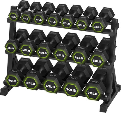 HANDBODE Rubber Coated Hex Dumbbell Set with Rack, 300-840 lb | Fixed Weights Sets with Heavy Duty Storage Stand, Multiple Weight Options Home Gym Equipment for Strength Training