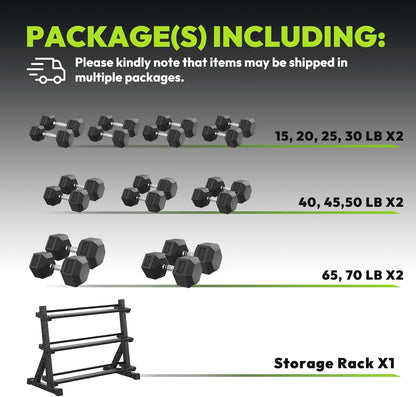 HANDBODE Rubber Coated Hex Dumbbell Set with Rack, 300-840 lb | Fixed Weights Sets with Heavy Duty Storage Stand, Multiple Weight Options Home Gym Equipment for Strength Training
