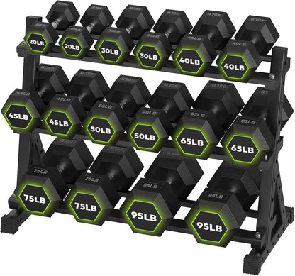 HANDBODE Rubber Coated Hex Dumbbell Set with Rack, 300-840 lb | Fixed Weights Sets with Heavy Duty Storage Stand, Multiple Weight Options Home Gym Equipment for Strength Training