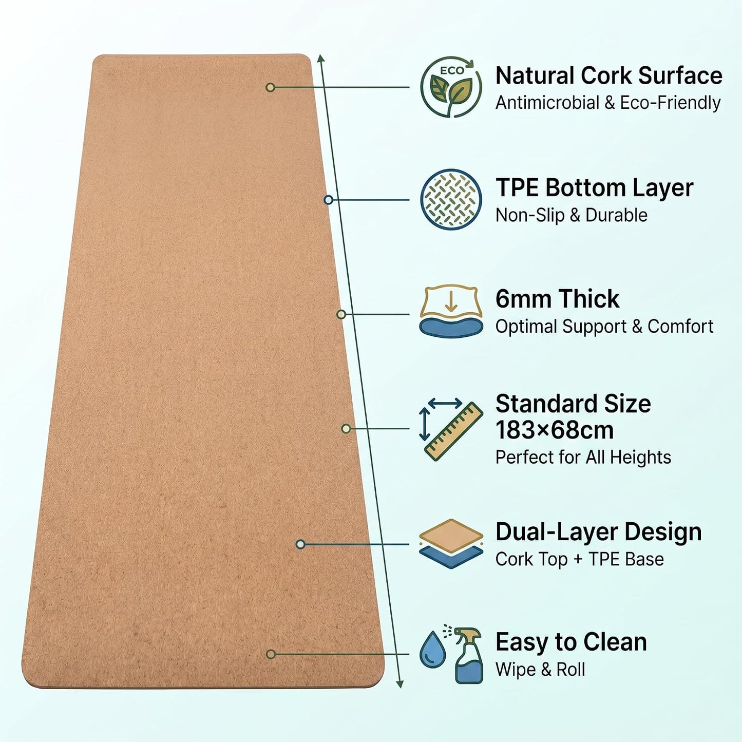 Cork Yoga Mat 6mm Extra Thick Cushioning High Density Natural Rubber Exercise Pad 72 x 24 Inch for Home Gym