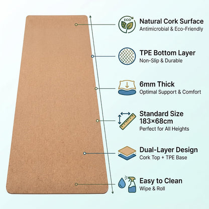 Cork Yoga Mat 6mm Extra Thick Cushioning High Density Natural Rubber Exercise Pad 72 x 24 Inch for Home Gym