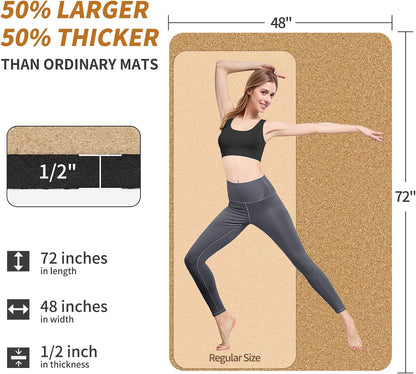 Hatha Yoga Extra Large Natural Cork Yoga Mat - 78" x 32" or 72" x 48", 1/2" Extra Thick Non-slip TPE Exercise Mat, Anti-Tear Pilates Mat for Home, Gym, Hot Yoga, Stretching, Fitness & Workouts