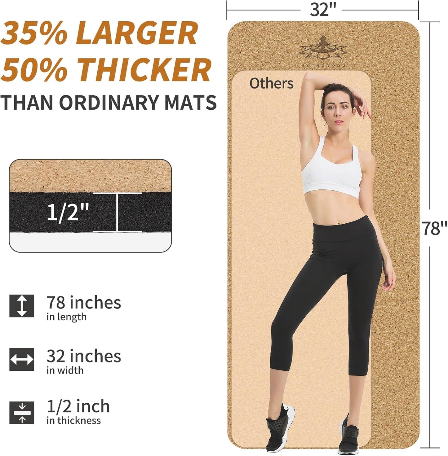 Hatha Yoga Extra Large Natural Cork Yoga Mat - 78" x 32" or 72" x 48", 1/2" Extra Thick Non-slip TPE Exercise Mat, Anti-Tear Pilates Mat for Home, Gym, Hot Yoga, Stretching, Fitness & Workouts