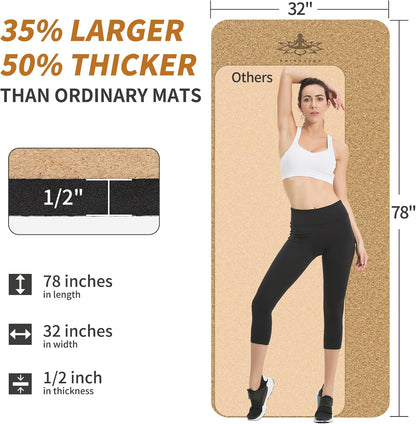 Hatha Yoga Extra Large Natural Cork Yoga Mat - 78" x 32" or 72" x 48", 1/2" Extra Thick Non-slip TPE Exercise Mat, Anti-Tear Pilates Mat for Home, Gym, Hot Yoga, Stretching, Fitness & Workouts