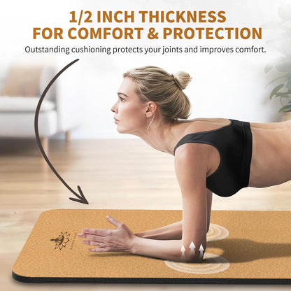 Hatha Yoga Extra Large Natural Cork Yoga Mat - 78" x 32" or 72" x 48", 1/2" Extra Thick Non-slip TPE Exercise Mat, Anti-Tear Pilates Mat for Home, Gym, Hot Yoga, Stretching, Fitness & Workouts