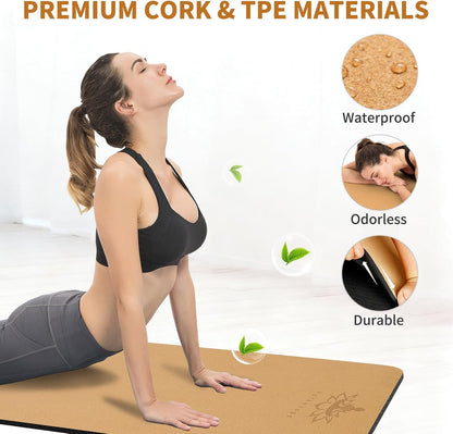 Hatha Yoga Extra Large Natural Cork Yoga Mat - 78" x 32" or 72" x 48", 1/2" Extra Thick Non-slip TPE Exercise Mat, Anti-Tear Pilates Mat for Home, Gym, Hot Yoga, Stretching, Fitness & Workouts