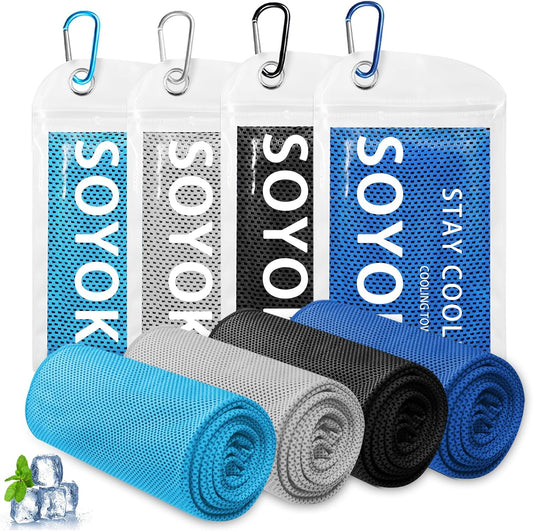 4 Packs Cooling Towel, 40" x 12" Microfiber Cooling Towels for Neck and Face, Soft Breathable Gym Towel for Working Out with Waterproof Bag & Carabiner, Sweat Towels for Running, Yoga, Travel, Climb