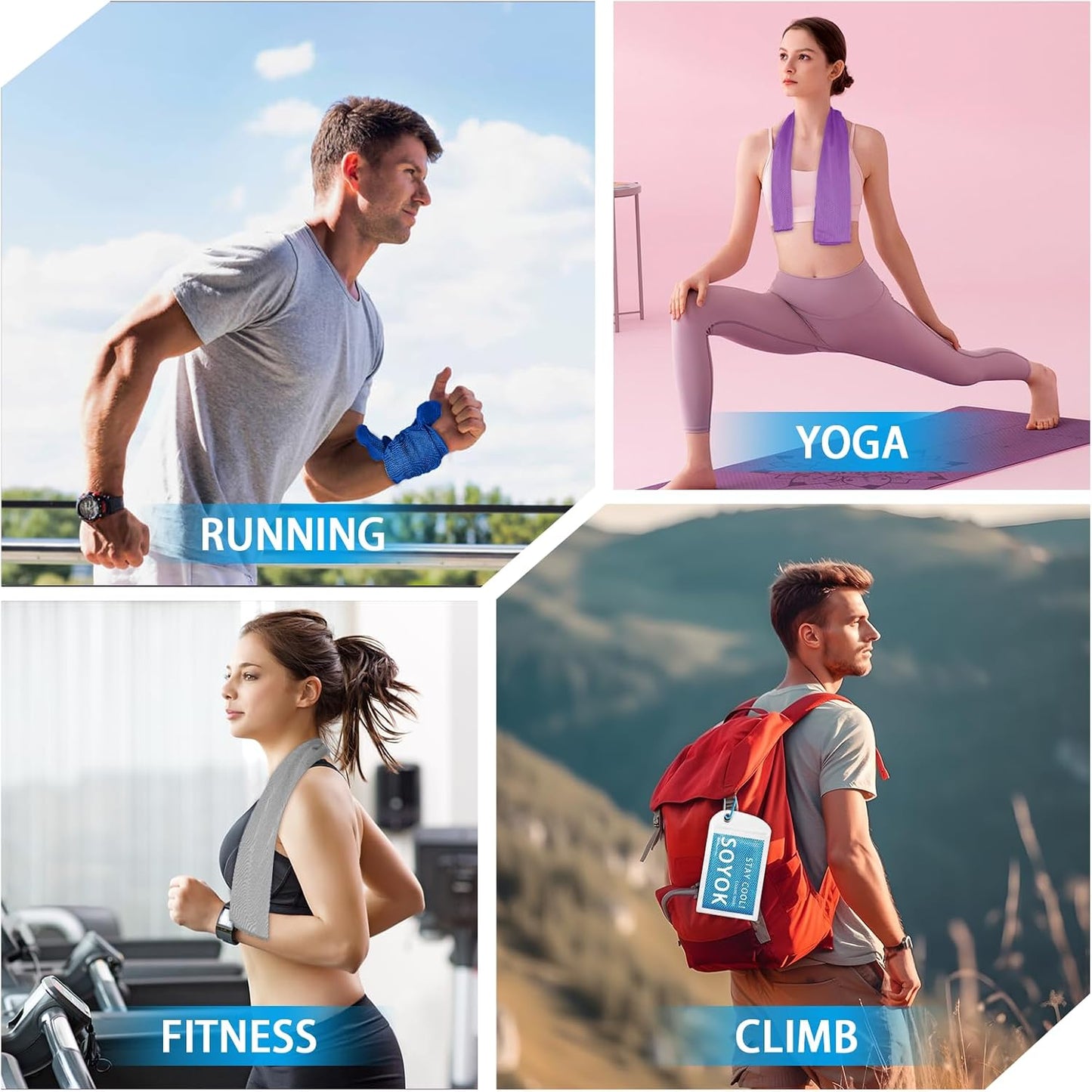 4 Packs Cooling Towel, 40" x 12" Microfiber Cooling Towels for Neck and Face, Soft Breathable Gym Towel for Working Out with Waterproof Bag & Carabiner, Sweat Towels for Running, Yoga, Travel, Climb