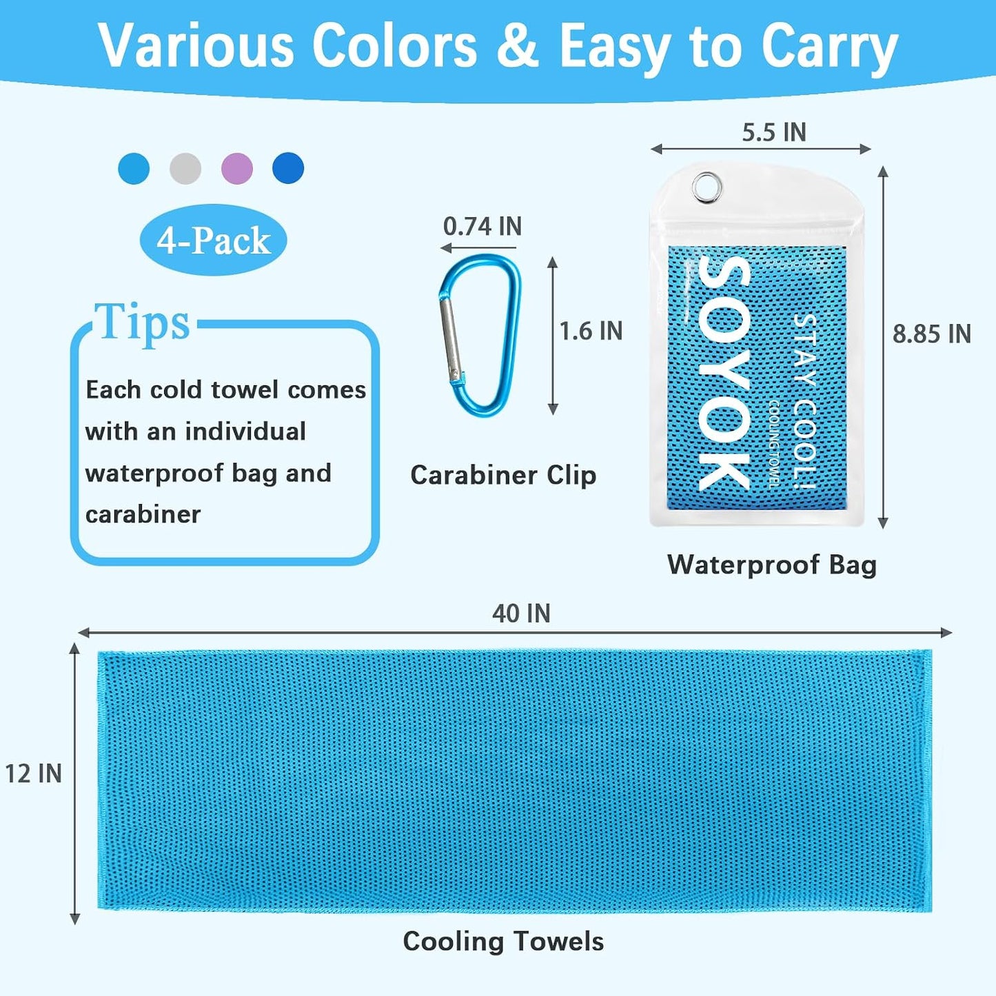 4 Packs Cooling Towel, 40" x 12" Microfiber Cooling Towels for Neck and Face, Soft Breathable Gym Towel for Working Out with Waterproof Bag & Carabiner, Sweat Towels for Running, Yoga, Travel, Climb