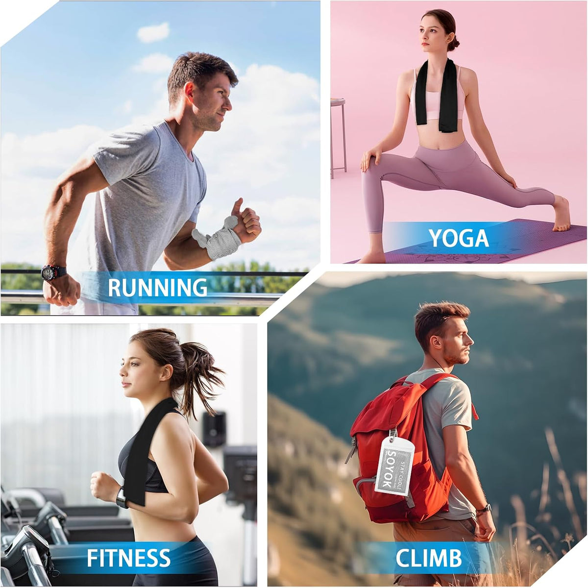 4 Packs Cooling Towel, 40" x 12" Microfiber Cooling Towels for Neck and Face, Soft Breathable Gym Towel for Working Out with Waterproof Bag & Carabiner, Sweat Towels for Running, Yoga, Travel, Climb