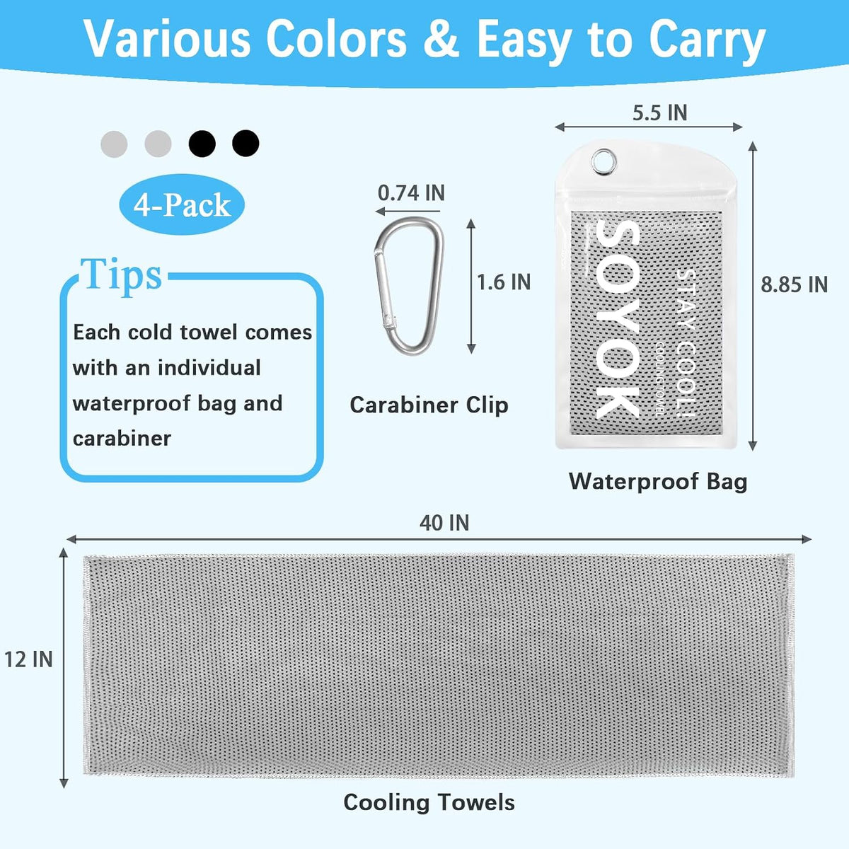 4 Packs Cooling Towel, 40" x 12" Microfiber Cooling Towels for Neck and Face, Soft Breathable Gym Towel for Working Out with Waterproof Bag & Carabiner, Sweat Towels for Running, Yoga, Travel, Climb