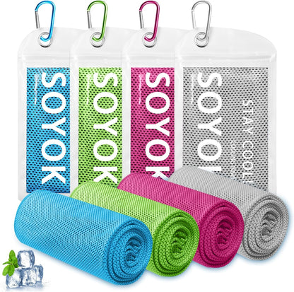 4 Packs Cooling Towel, 40" x 12" Microfiber Cooling Towels for Neck and Face, Soft Breathable Gym Towel for Working Out with Waterproof Bag & Carabiner, Sweat Towels for Running, Yoga, Travel, Climb