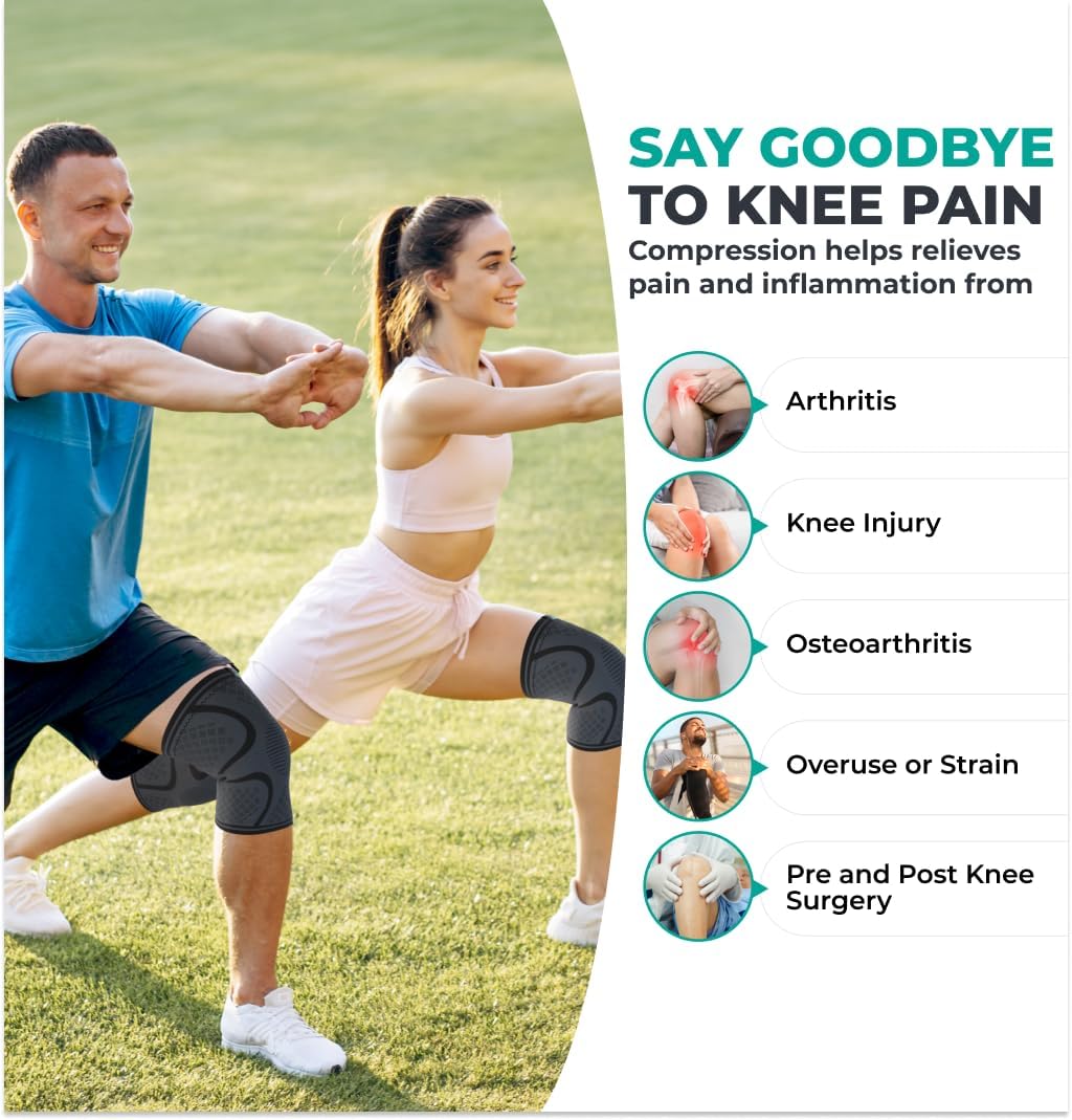 Compression Knee Brace for Women & Men - 2 Pack Knee Brace for Women Running Knee Pain, Knee Support Compression Sleeve, Workout Sports Knee Braces for Meniscus Tear ACL & Arthritis Pain Relief