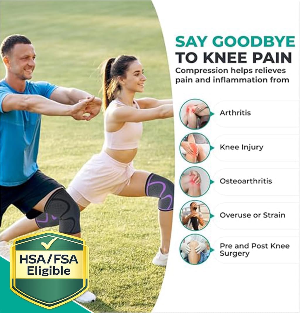 Compression Knee Brace for Women & Men - 2 Pack Knee Brace for Women Running Knee Pain, Knee Support Compression Sleeve, Workout Sports Knee Braces for Meniscus Tear ACL & Arthritis Pain Relief
