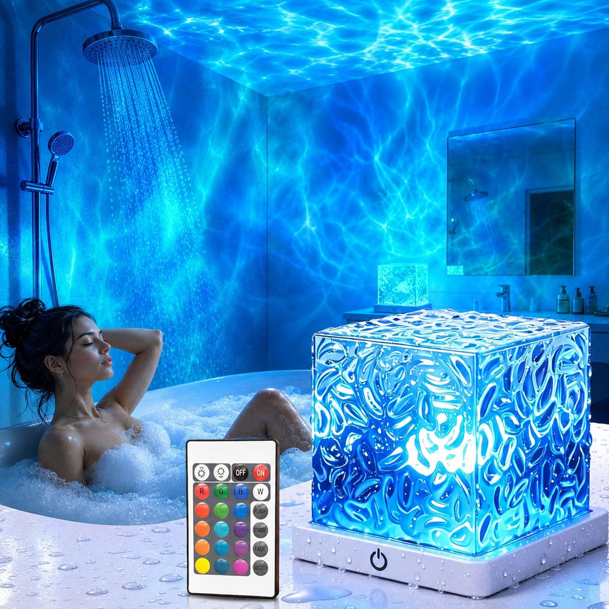 Waterproof Shower Light, Rechargeable Shower Lamp with 16 Color Changeable, Wireless Bathroom Lamp Mood Lighting with Touch & Remote Control, LED Ocean Wave Projector Light for Inside Shower, Bedroom