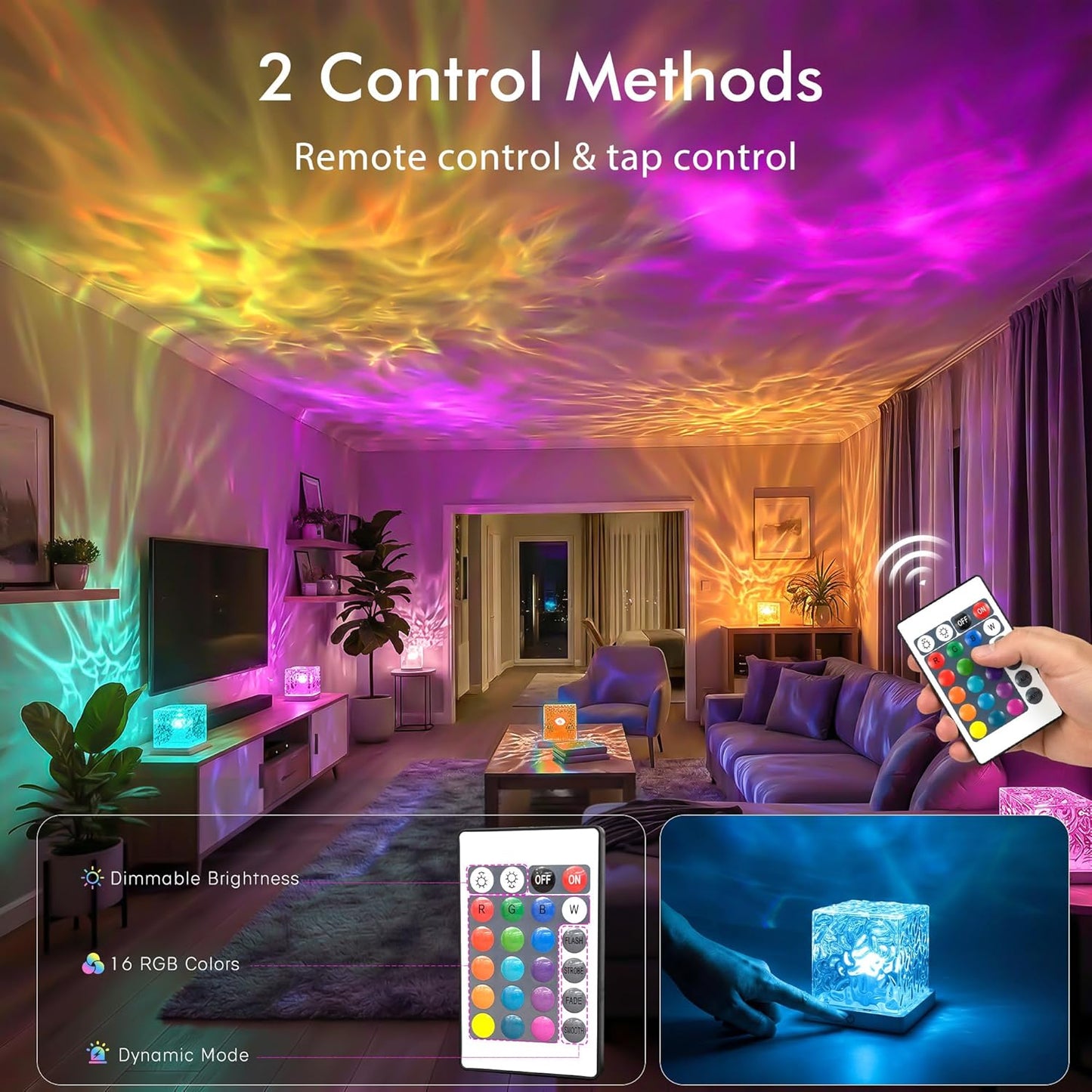 Waterproof Shower Light, Rechargeable Shower Lamp with 16 Color Changeable, Wireless Bathroom Lamp Mood Lighting with Touch & Remote Control, LED Ocean Wave Projector Light for Inside Shower, Bedroom